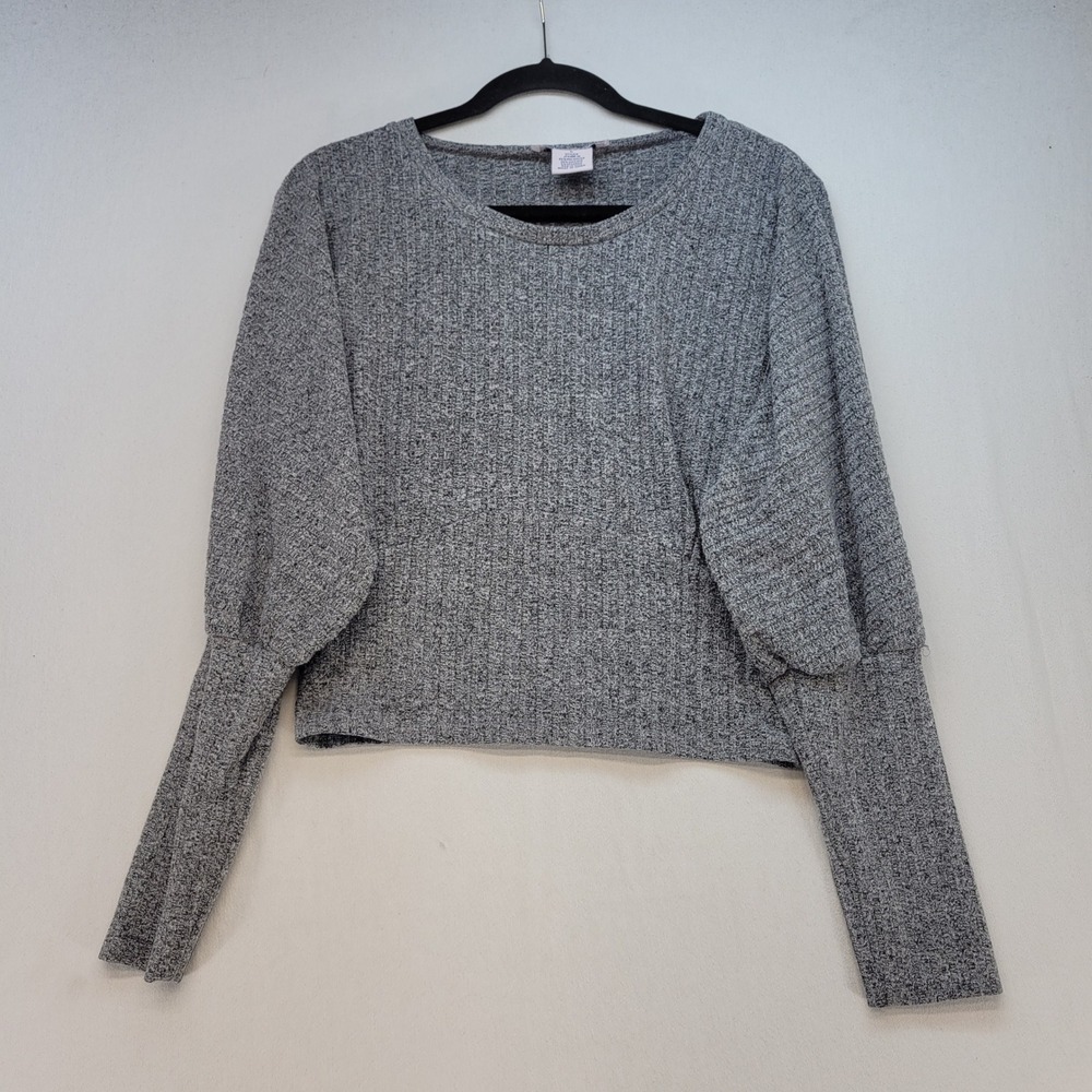 Lark + Grey Top Womens Large Gray Ribbed Puff Sleeve Cropped Shirt
